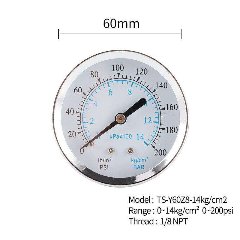 TS-Y60Z8-14kg / cm2 60mm Dial Gas Pressure Gauge Stainless Steel Dual Scale Oil Water Pressure Gauge with 1 / 8inch NPT Mount