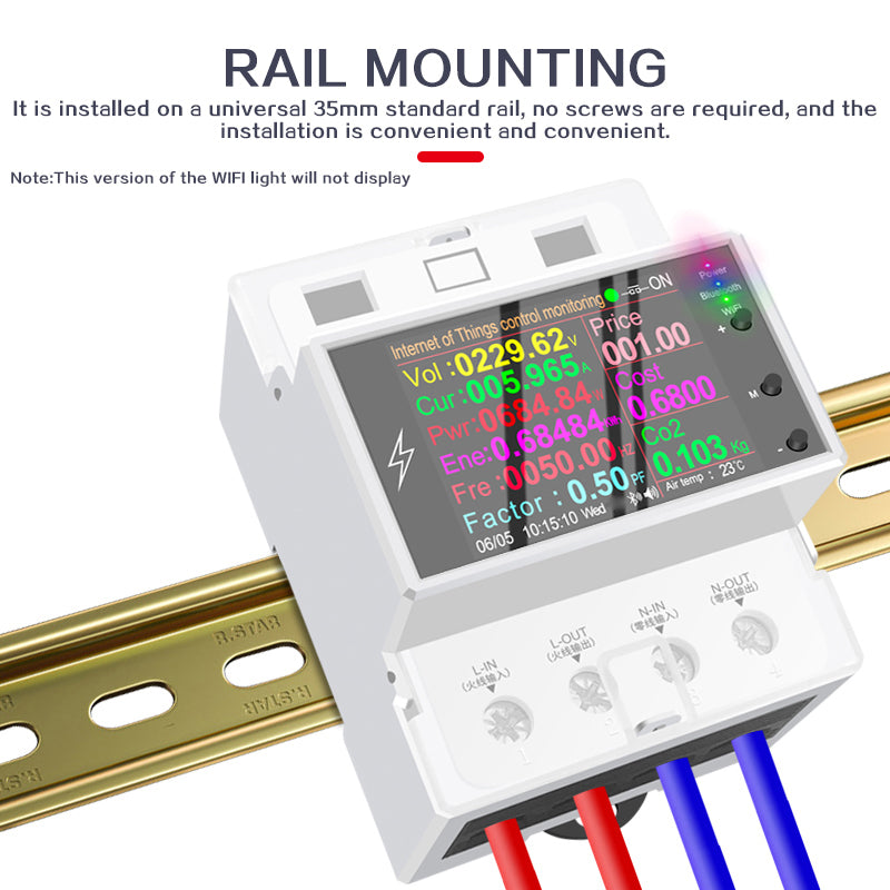 AC85-265V 100A Rail Mounted WiFi Smart Meter Voltage Power Electricity Monitor 2.4-inch LCD Display Home Electricity Meter