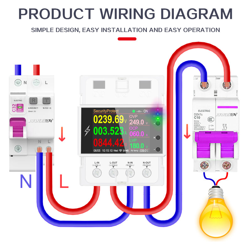 AC85-265V 100A Rail Mounted WiFi Smart Meter Voltage Power Electricity Monitor 2.4-inch LCD Display Home Electricity Meter
