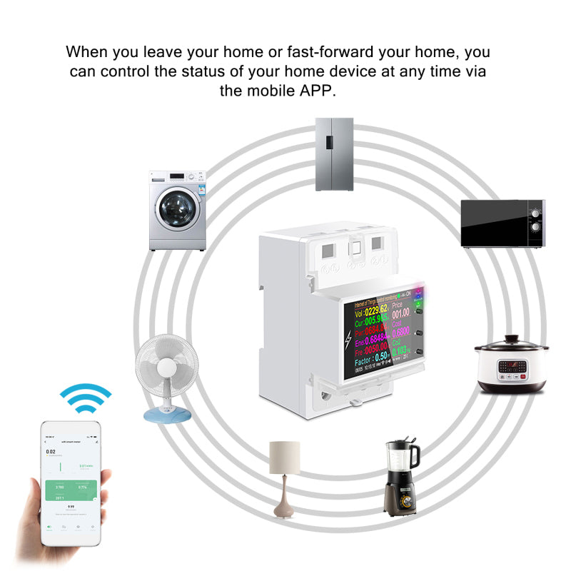 AC85-265V 100A Rail Mounted WiFi Smart Meter Voltage Power Electricity Monitor 2.4-inch LCD Display Home Electricity Meter