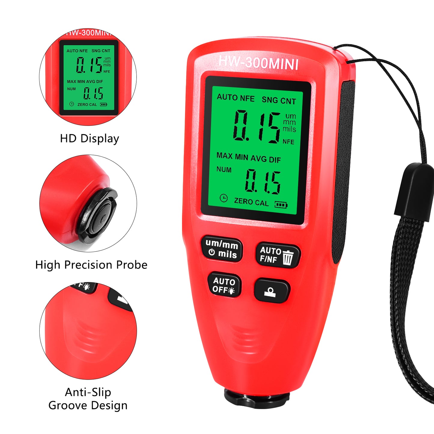 HW300-MINI Coating Thickness Gauge for FE / NFE Coating Thickness Meter Digital Display Measure Device - Red