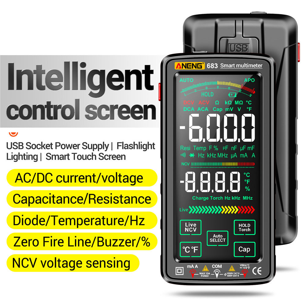 Aneng 683 Touch Screen NCV Induction Multimeter Digital High Precision Smart Auto Range Burn-Proof Rechargeable Multimeter - Black