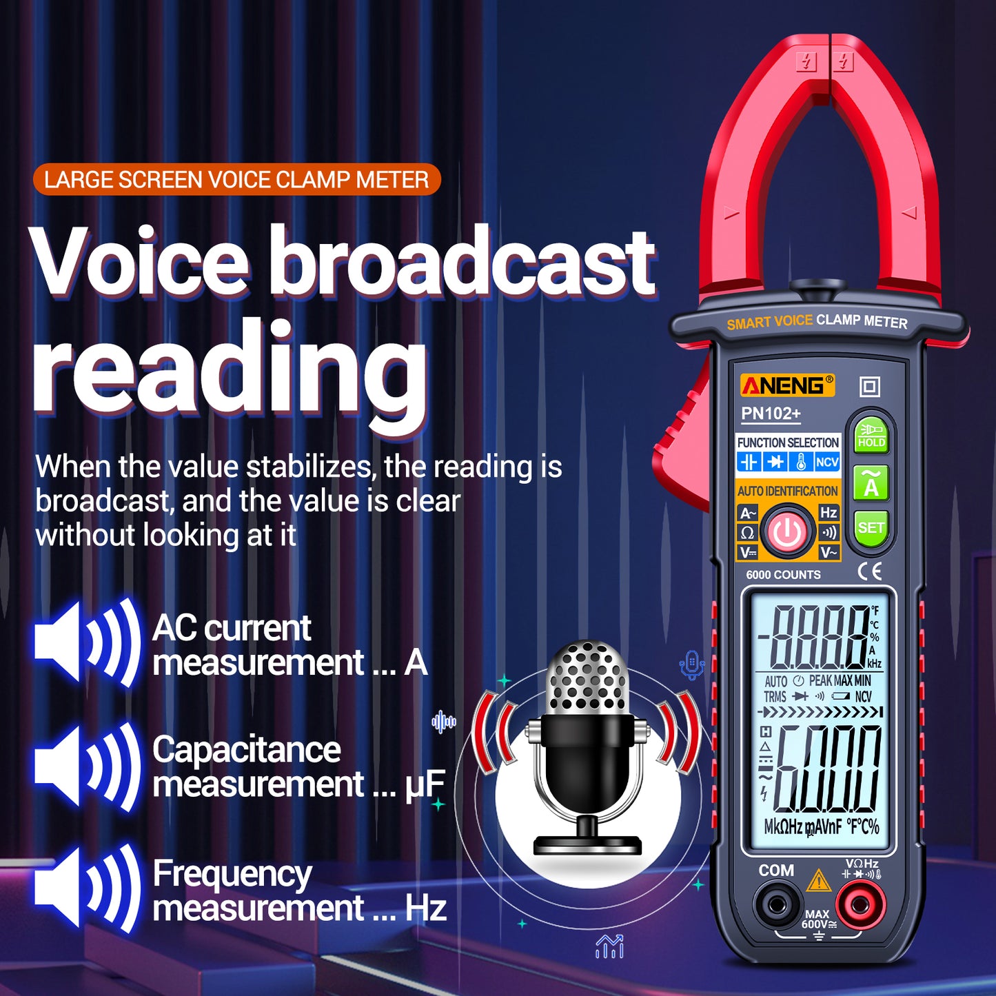 Aneng PN102+ AC Current and AC / DC Voltage Tester Voice Broadcast Reading Digital Clamp Meter with Flashlight