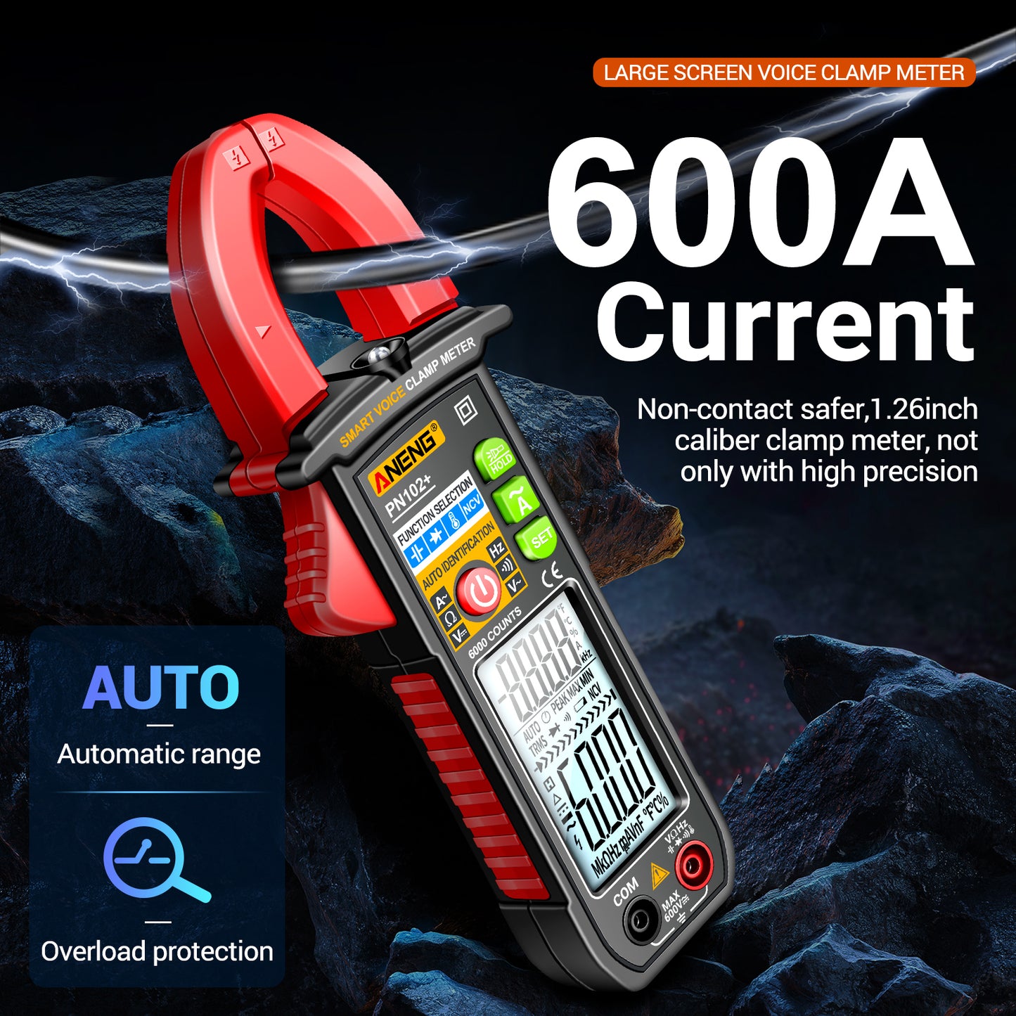 Aneng PN102+ AC Current and AC / DC Voltage Tester Voice Broadcast Reading Digital Clamp Meter with Flashlight