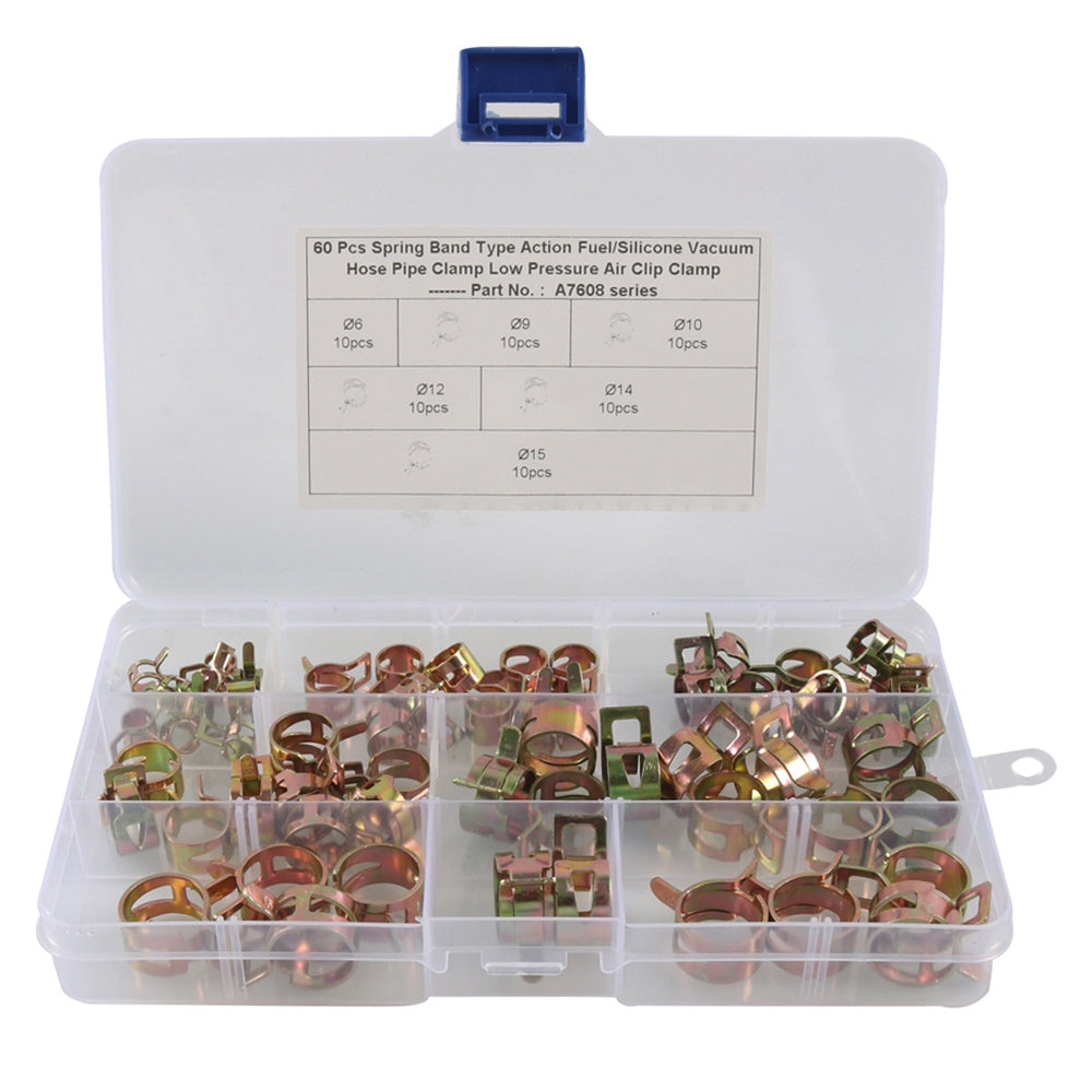 A7608 60Pcs / Set 6 / 9 / 10 / 12 / 14 / 15mm Fuel Oil Water Pipe Clips 65Mn Spring Steel Hose Fastener Clamps with Storage Box