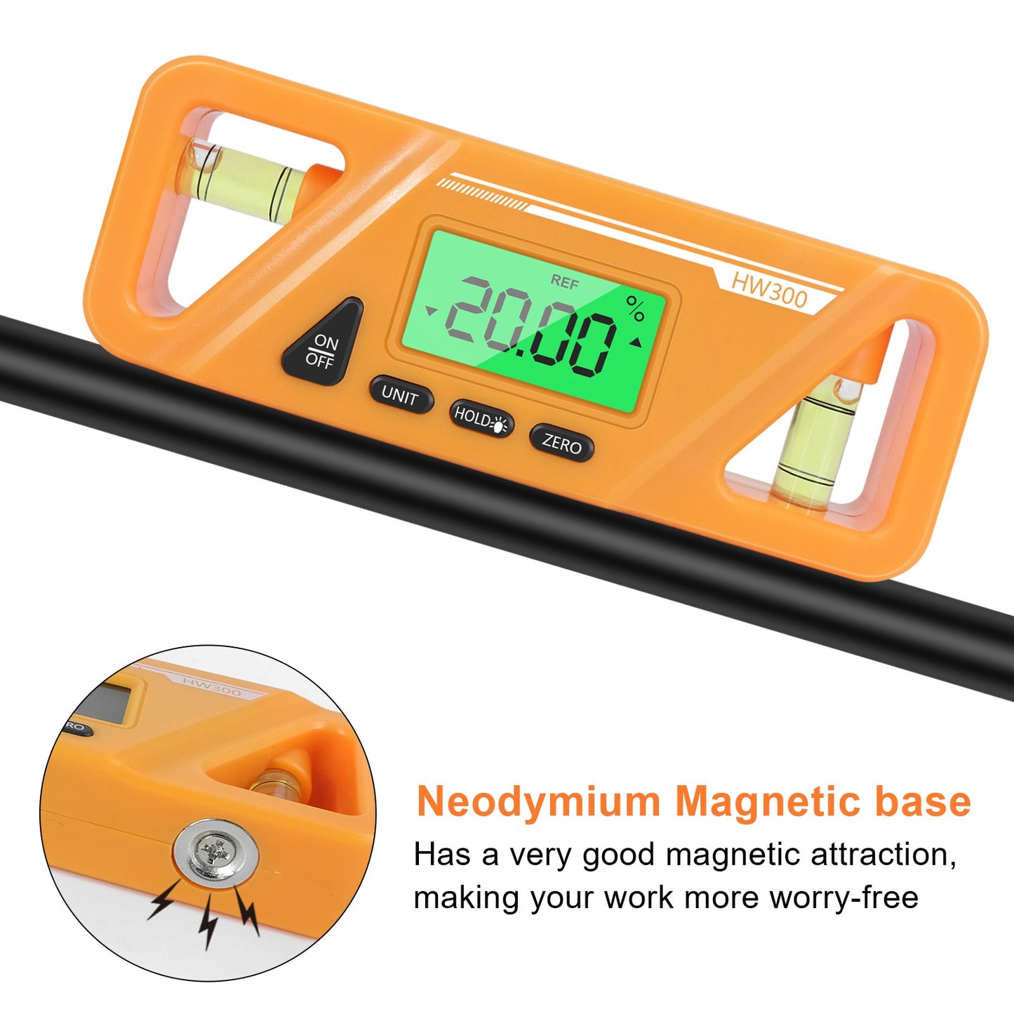 HW300 Mini Digital Protractor Electronic Angle Finder Magnetic Angle Gauge 2 Measurement Modes Inclinometers Torpedo Level Box with Double Bubble/LCD Display - Orange