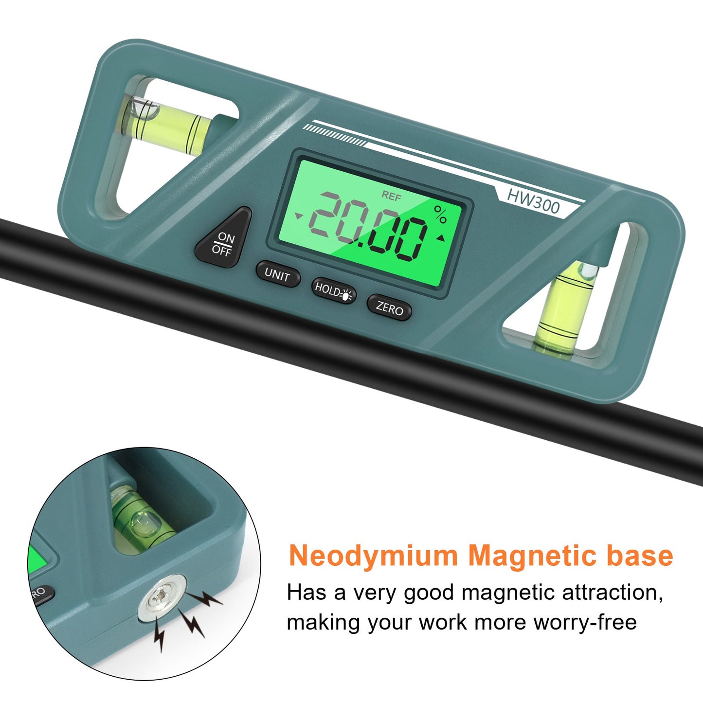 HW300 Mini Digital Protractor Electronic Angle Finder Magnetic Angle Gauge 2 Measurement Modes Inclinometers Torpedo Level Box with Double Bubble/LCD Display - Cyan