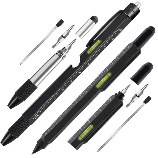 2Pcs / Set Multifunctional Tool Pen LED Light Bottle Opener Ruler Screwdriver Stylus 9-in-1 / 6-in-1 Metal Ballpoint Pen - Black+Black