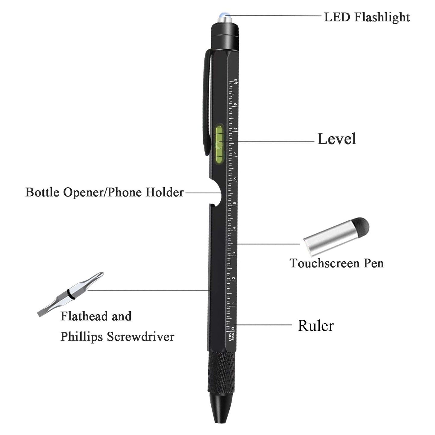 2Pcs / Set Multifunctional Tool Pen LED Light Bottle Opener Ruler Screwdriver Stylus 9-in-1 / 6-in-1 Metal Ballpoint Pen - Black+Black