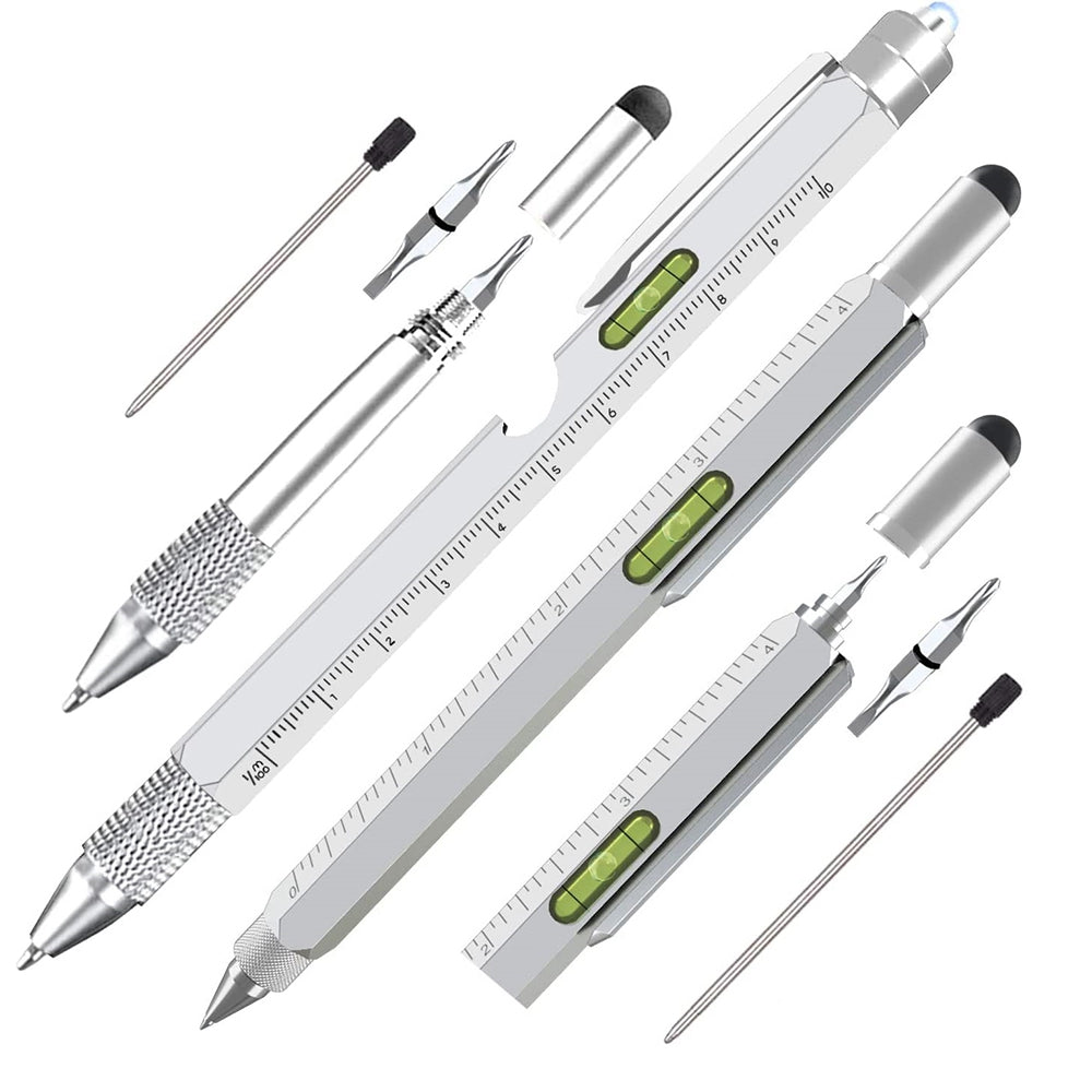 2Pcs / Set Multifunctional Tool Pen LED Light Bottle Opener Ruler Screwdriver Stylus 9-in-1 / 6-in-1 Metal Ballpoint Pen - Silver+Silver