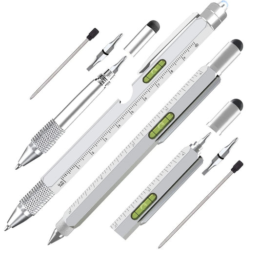 2Pcs / Set Multifunctional Tool Pen LED Light Bottle Opener Ruler Screwdriver Stylus 9-in-1 / 6-in-1 Metal Ballpoint Pen - Silver+Silver