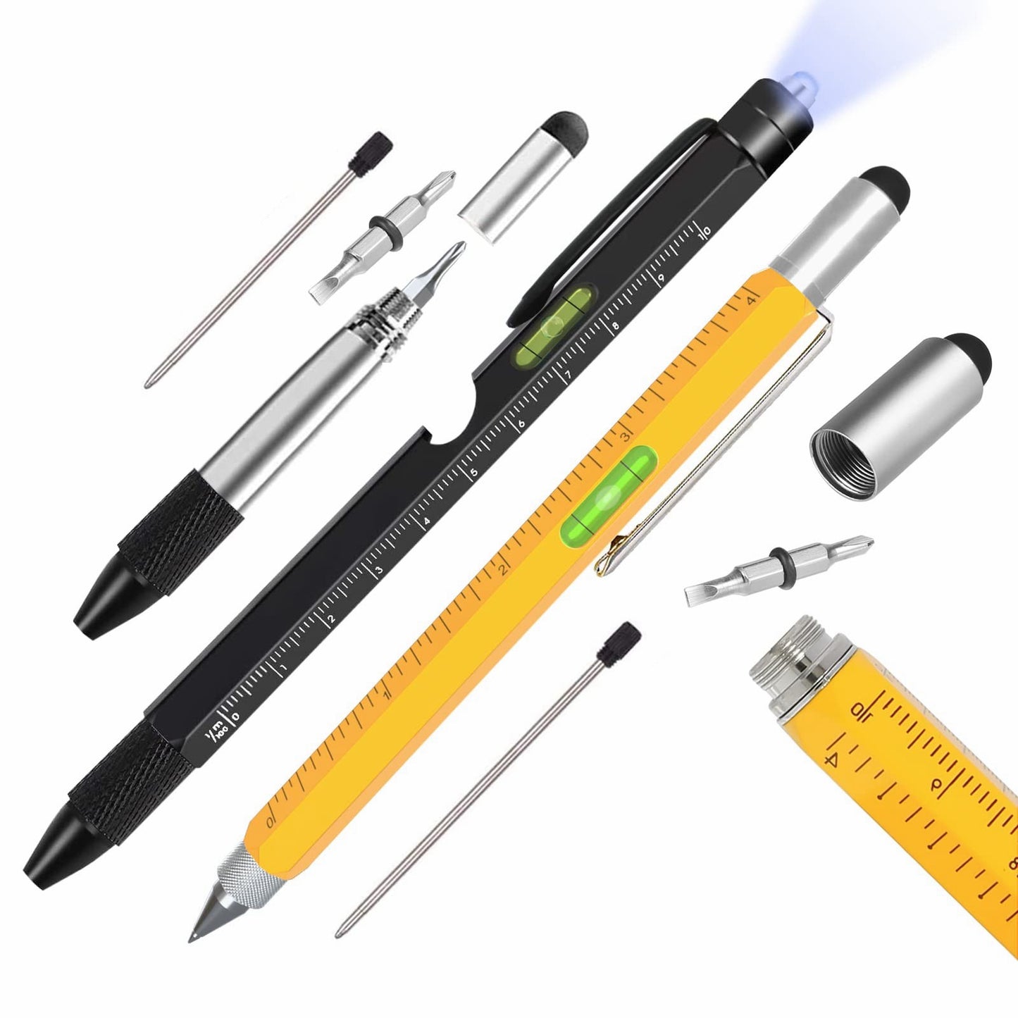 2Pcs / Set Multifunctional Tool Pen LED Light Bottle Opener Ruler Screwdriver Stylus 9-in-1 / 6-in-1 Metal Ballpoint Pen - Yellow+Black