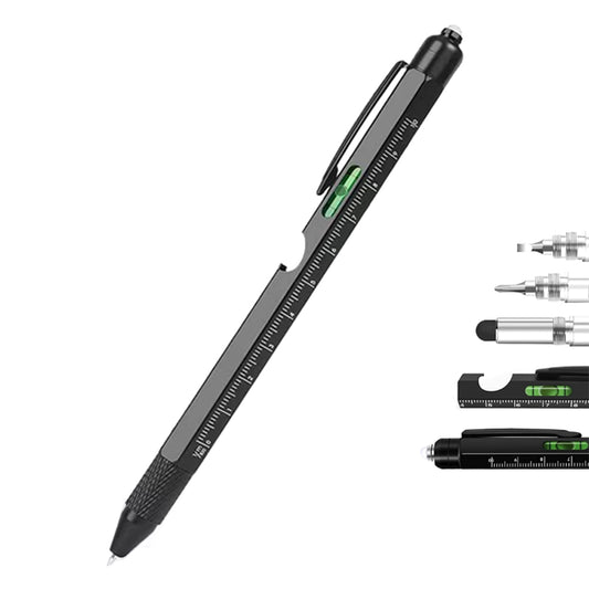 JBP-248 9-in-1 Multifunction Pen Set for Men, LED Light Capacitive Touch Metal Pen Tool with Screwdriver, Ruler, Bubble Level, Bottle Opener - Black