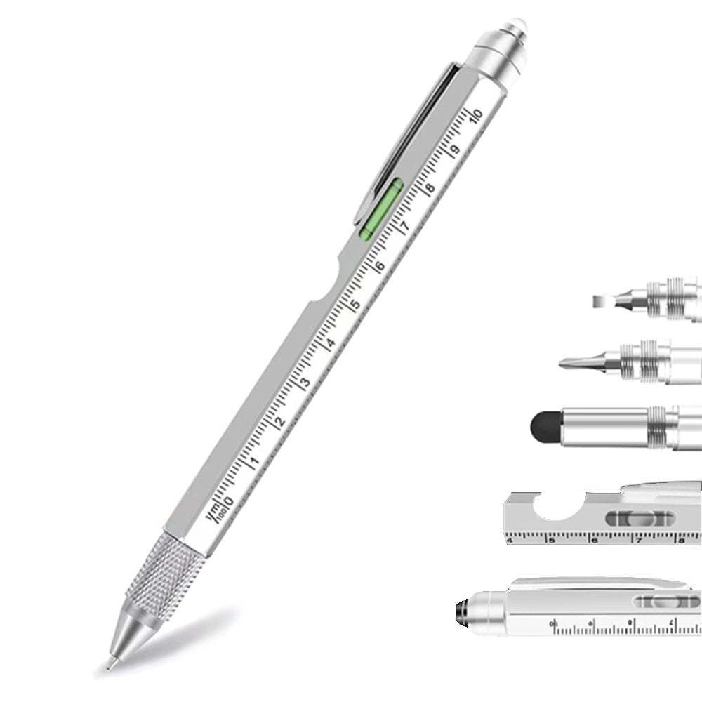 JBP-248 9-in-1 Multifunction Pen Set for Men, LED Light Capacitive Touch Metal Pen Tool with Screwdriver, Ruler, Bubble Level, Bottle Opener - Silver