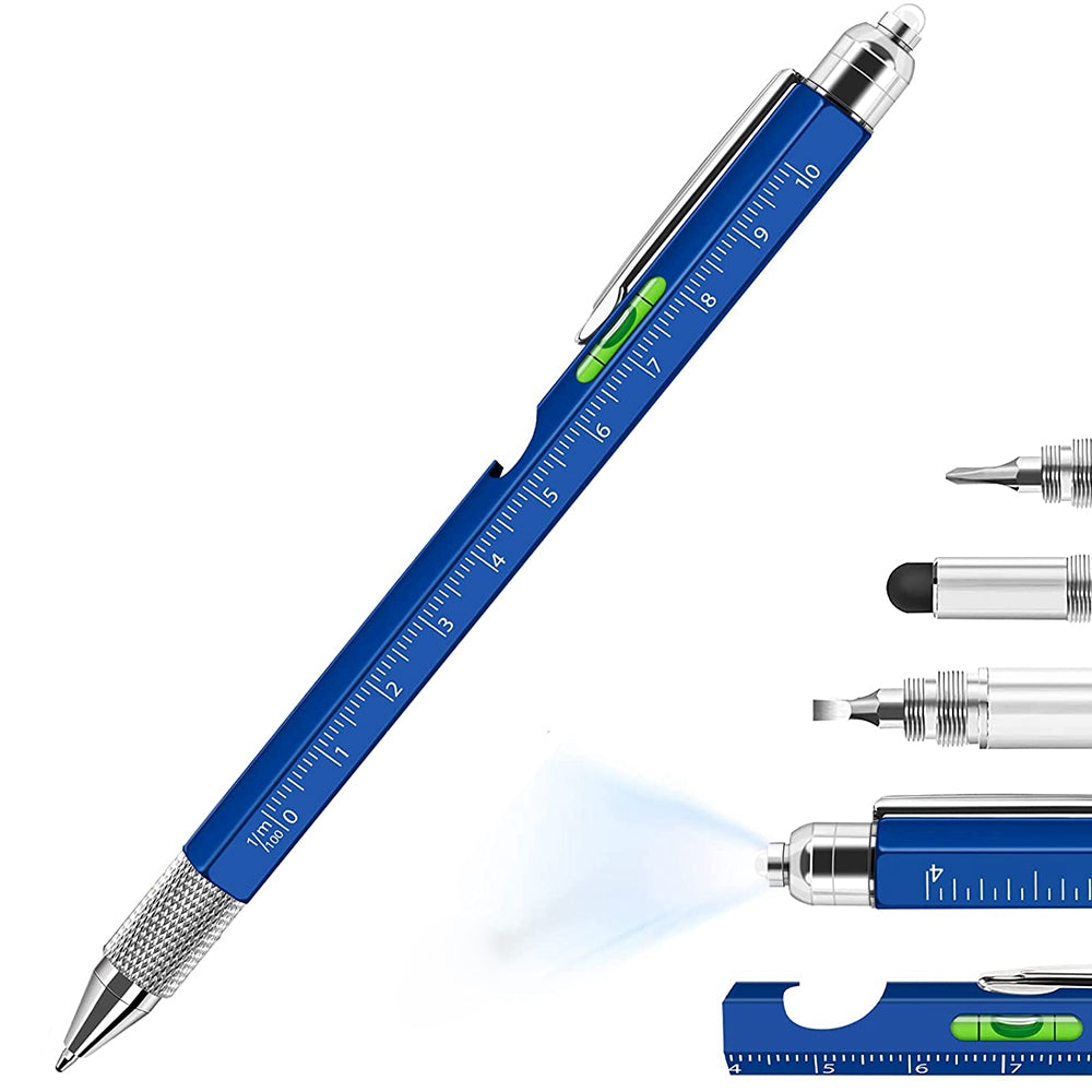 JBP-248 9-in-1 Multifunction Pen Set for Men, LED Light Capacitive Touch Metal Pen Tool with Screwdriver, Ruler, Bubble Level, Bottle Opener - Blue