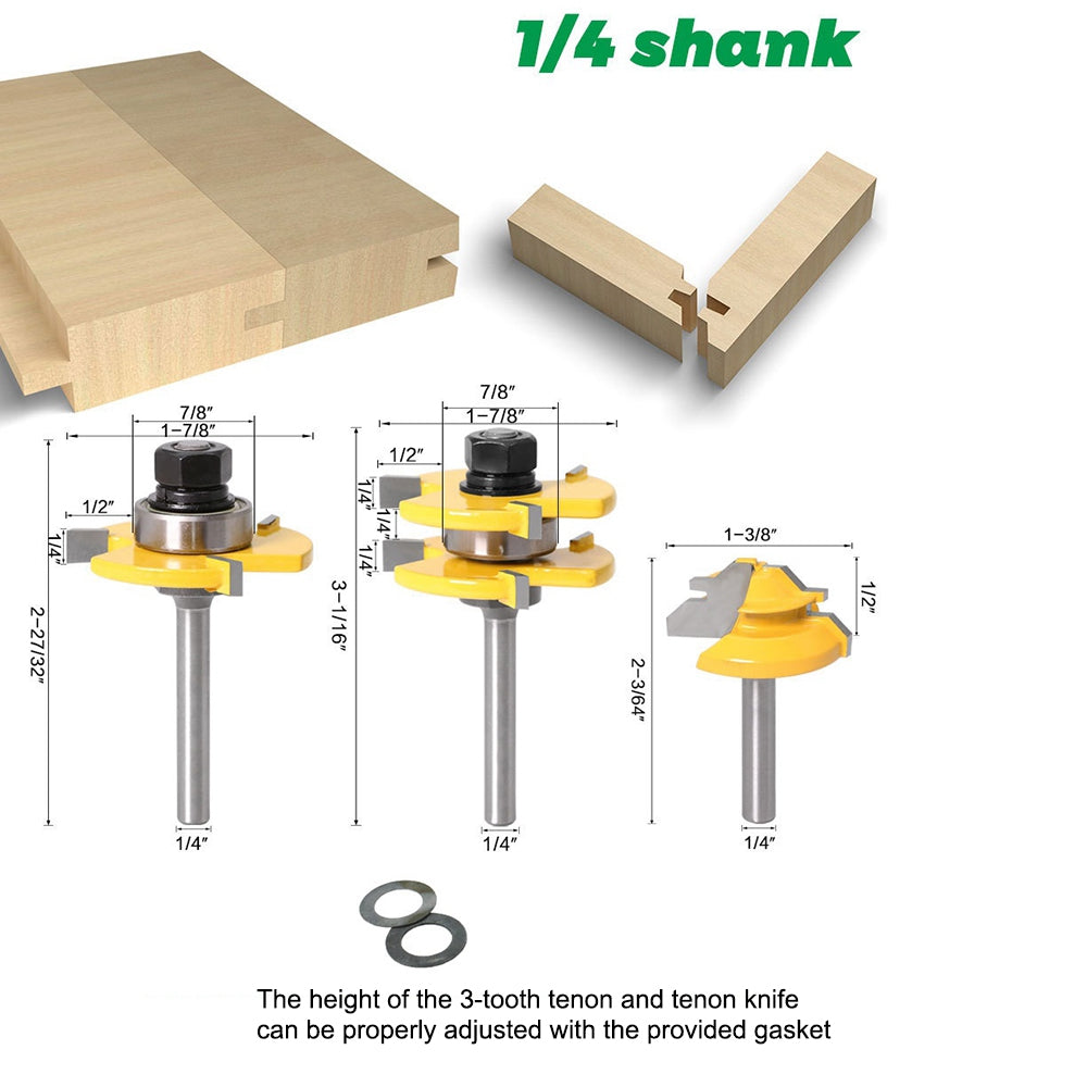 3Pcs 1 / 4inch Shank Router Bit Set 3-Teeth 1 / 4inchx47+45-Degree + 1 / 4inchx1-3 / 8 Woodworking Wood Cutter Groove Tenon Milling Tool