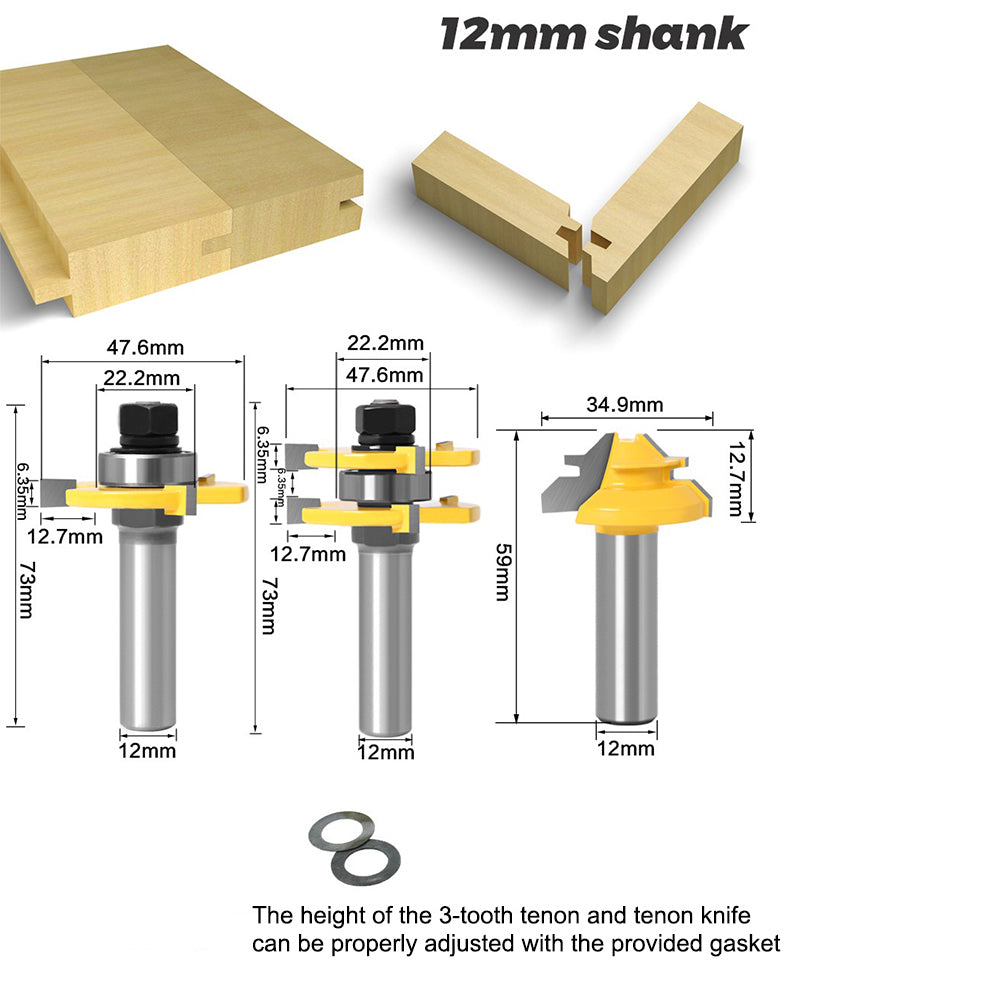 3Pcs 12mm Shank Router Bit Set 3-Teeth 12x47+45-Degree + 12x1-3 / 8 Woodworking Wood Cutter Groove Milling Tool