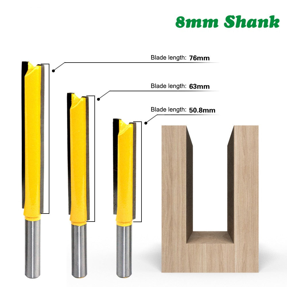 3PCS 8mm Shank Wood Trimmers Router Hard Alloy Cutter Woodworking Long Straight Plunge Knife