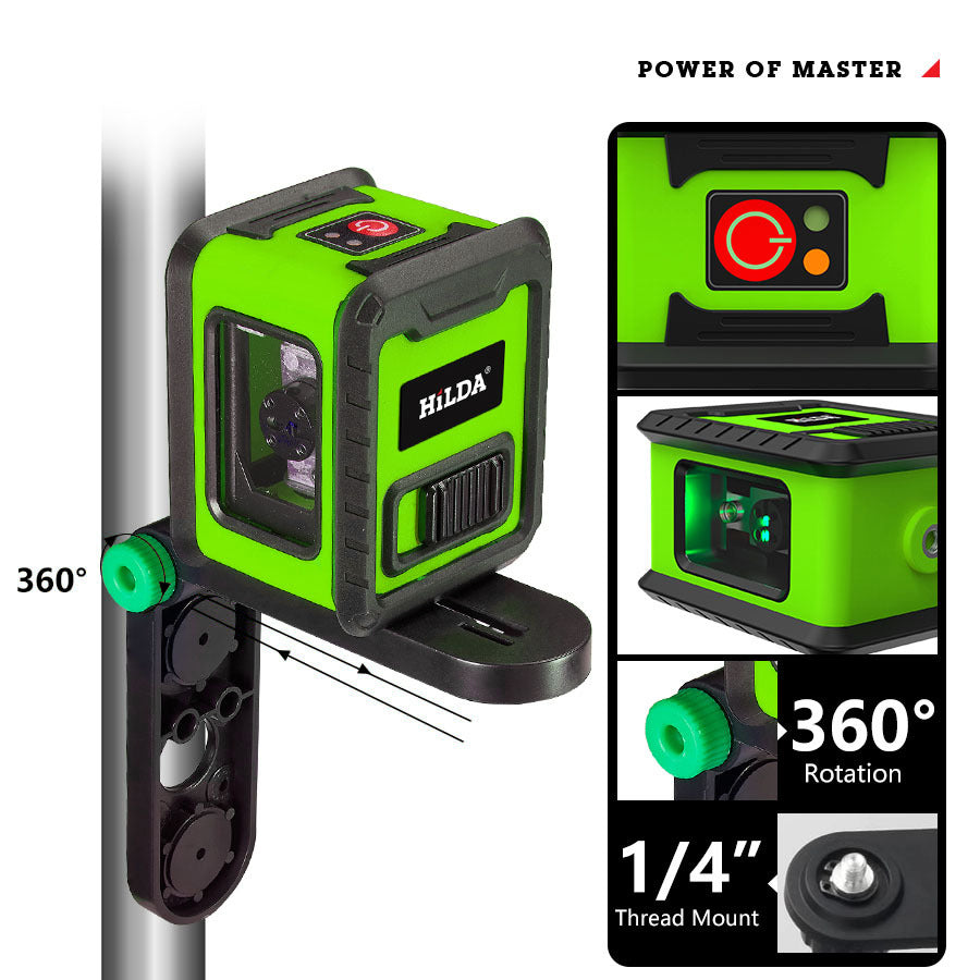 Hilda Laser Level Meter 2-Lines Cross Green Light Level Laser Horizontal and Vertical Laser Self-Leveling Tool - Green