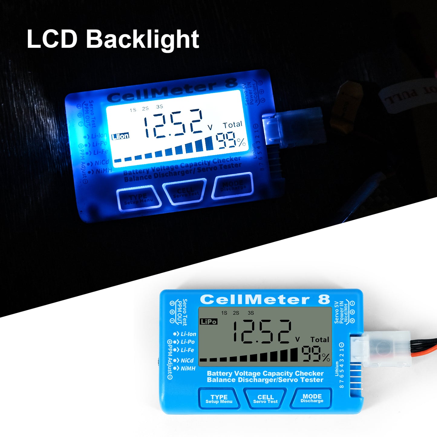 Cellmeter 8-in-1 Digital Battery Capacity Checker Controller Tester Voltage Tester for Li-Po Li-ion NiMH Nicd Cell Meter - Blue