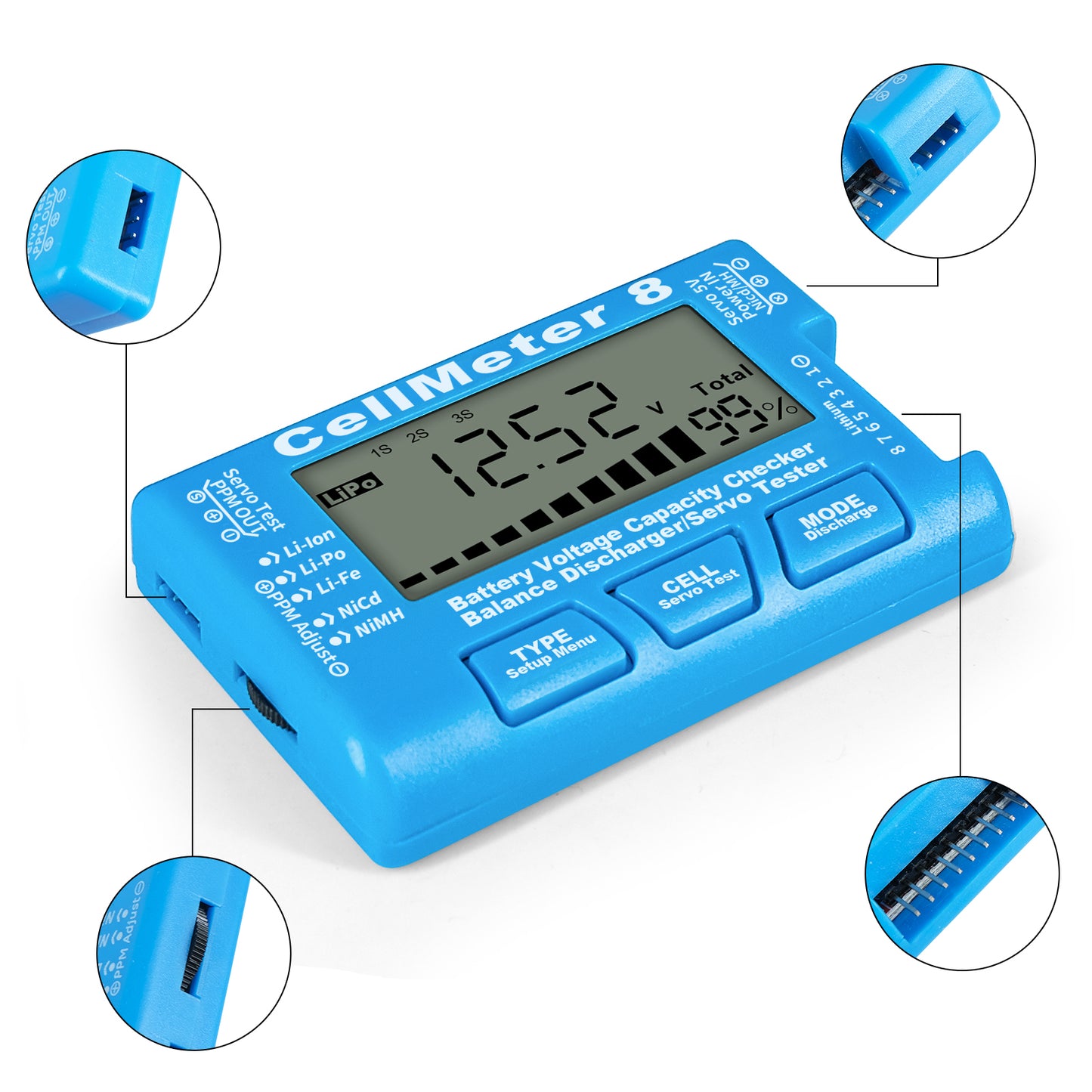 Cellmeter 8-in-1 Digital Battery Capacity Checker Controller Tester Voltage Tester for Li-Po Li-ion NiMH Nicd Cell Meter - Blue