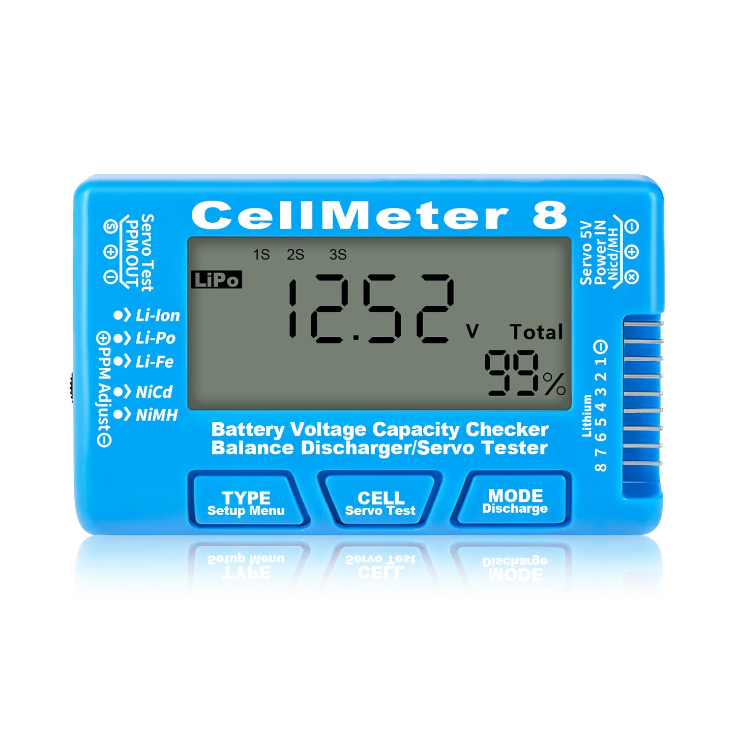 Cellmeter 8-in-1 Digital Battery Capacity Checker Controller Tester Voltage Tester for Li-Po Li-ion NiMH Nicd Cell Meter - Blue