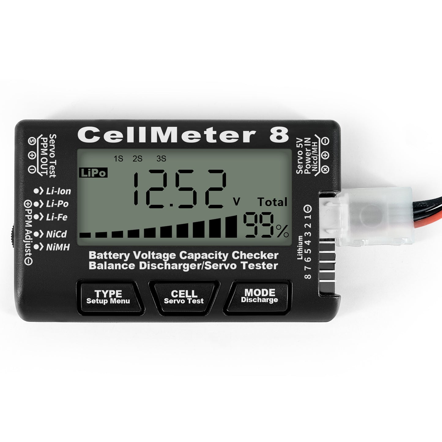 Cellmeter 8-in-1 Digital Battery Capacity Checker Controller Tester Voltage Tester for Li-Po Li-ion NiMH Nicd Cell Meter - Black