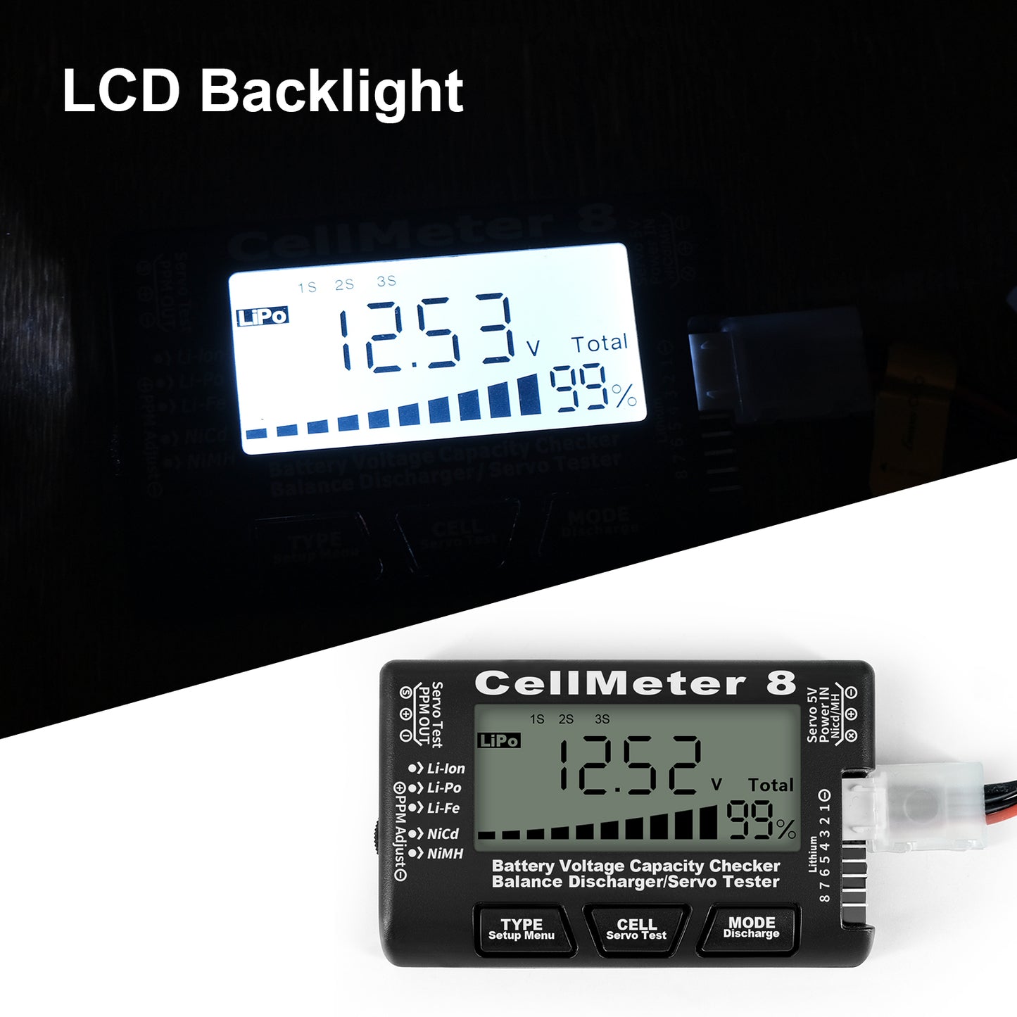 Cellmeter 8-in-1 Digital Battery Capacity Checker Controller Tester Voltage Tester for Li-Po Li-ion NiMH Nicd Cell Meter - Black