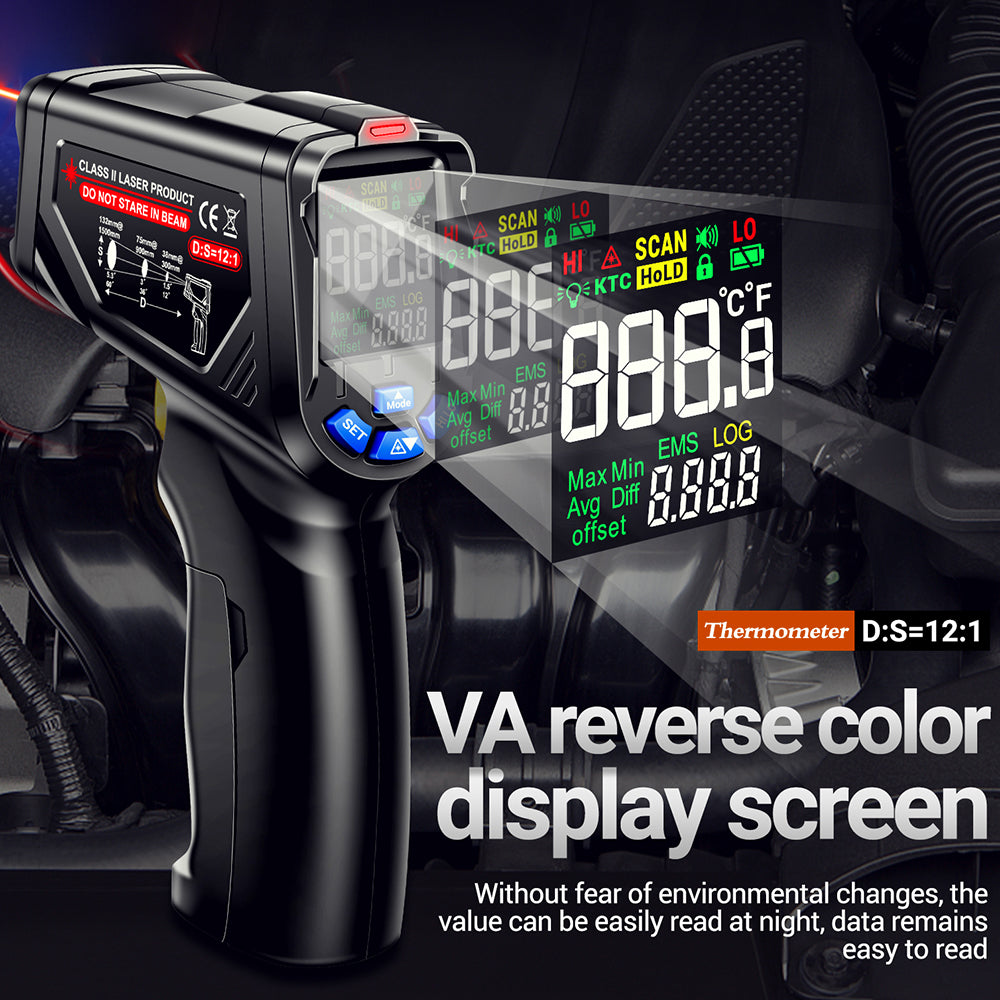 Aneng TH06 Digital Infrared Thermometer Temperature Gun -20 - 750 Degrees Celsius Handheld Non Contact Reverse Screen Industrial Tool - Black