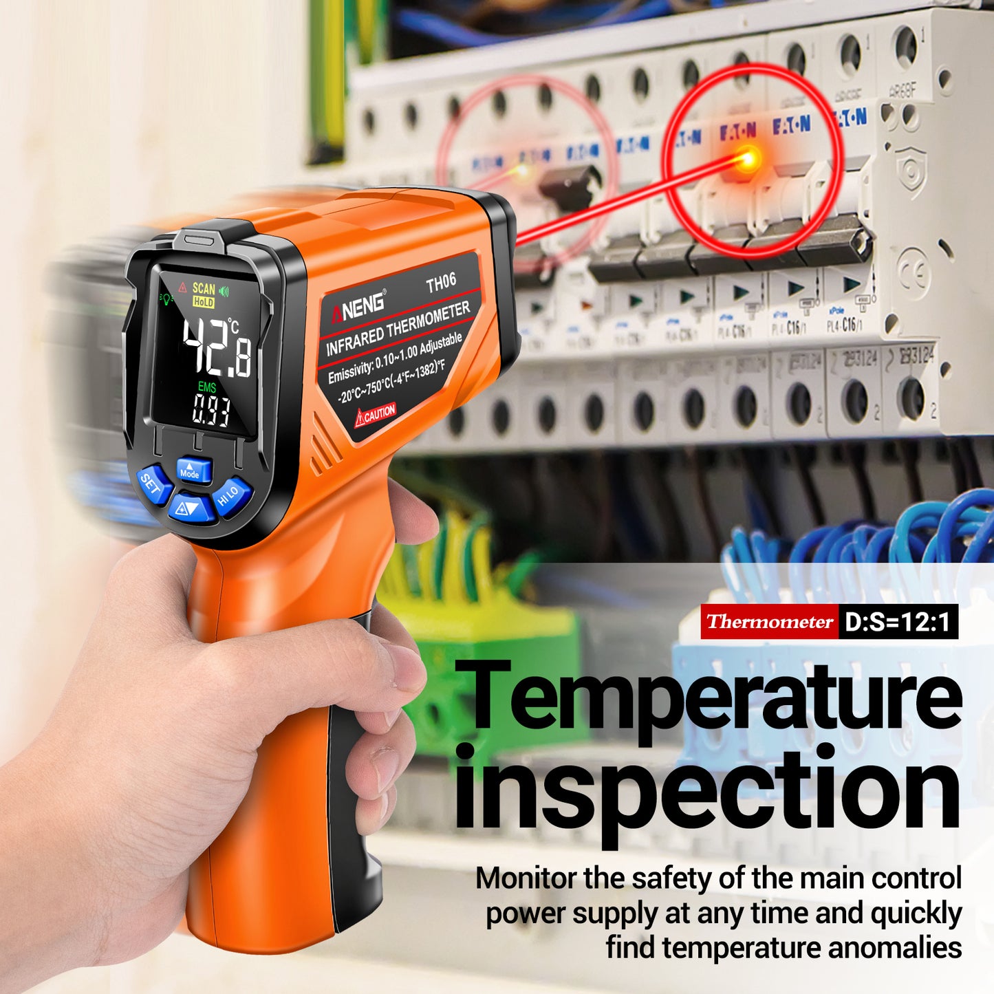 Aneng TH06 Digital Infrared Thermometer Temperature Gun -20 - 750 Degrees Celsius Handheld Non Contact Reverse Screen Industrial Tool - Orange