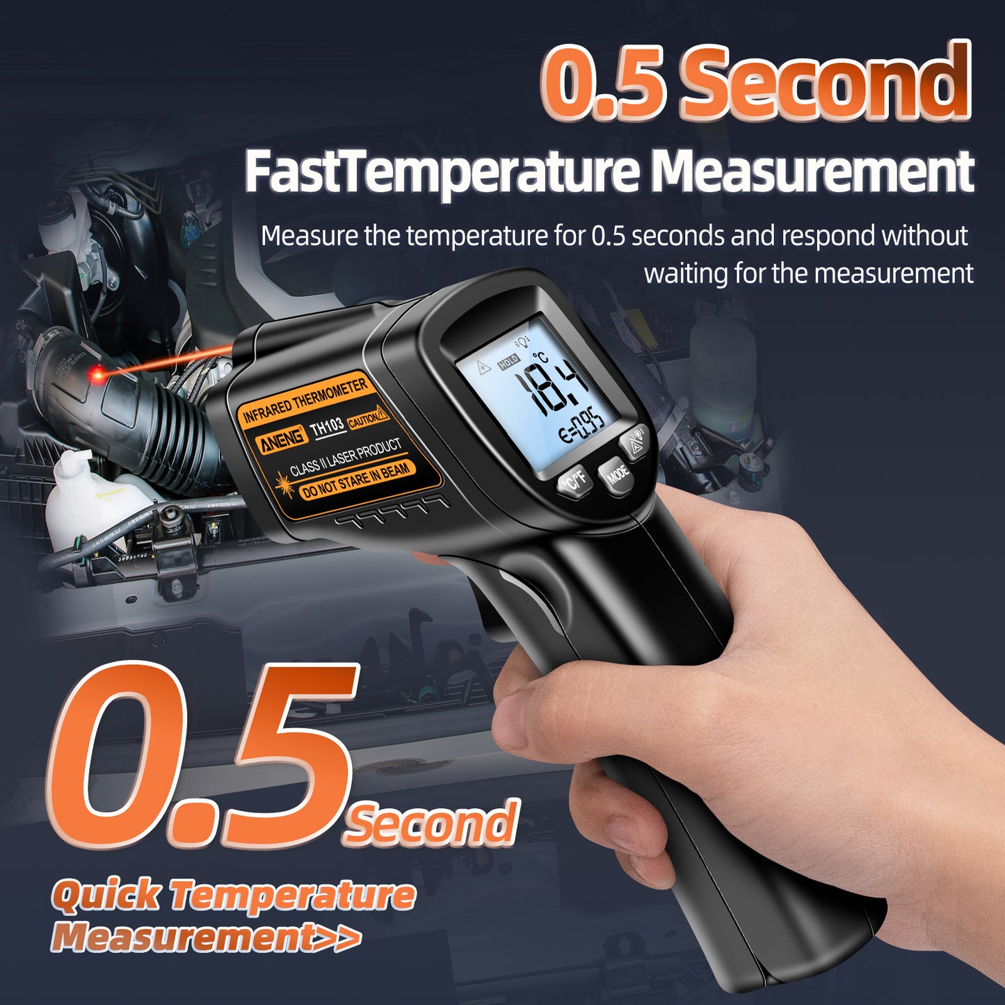 Aneng TH103 Digital Infrared Thermometer Temperature Gun -20 - 380 Degrees Celsius Handheld Non Contact Reverse Screen Industrial Tool - Orange
