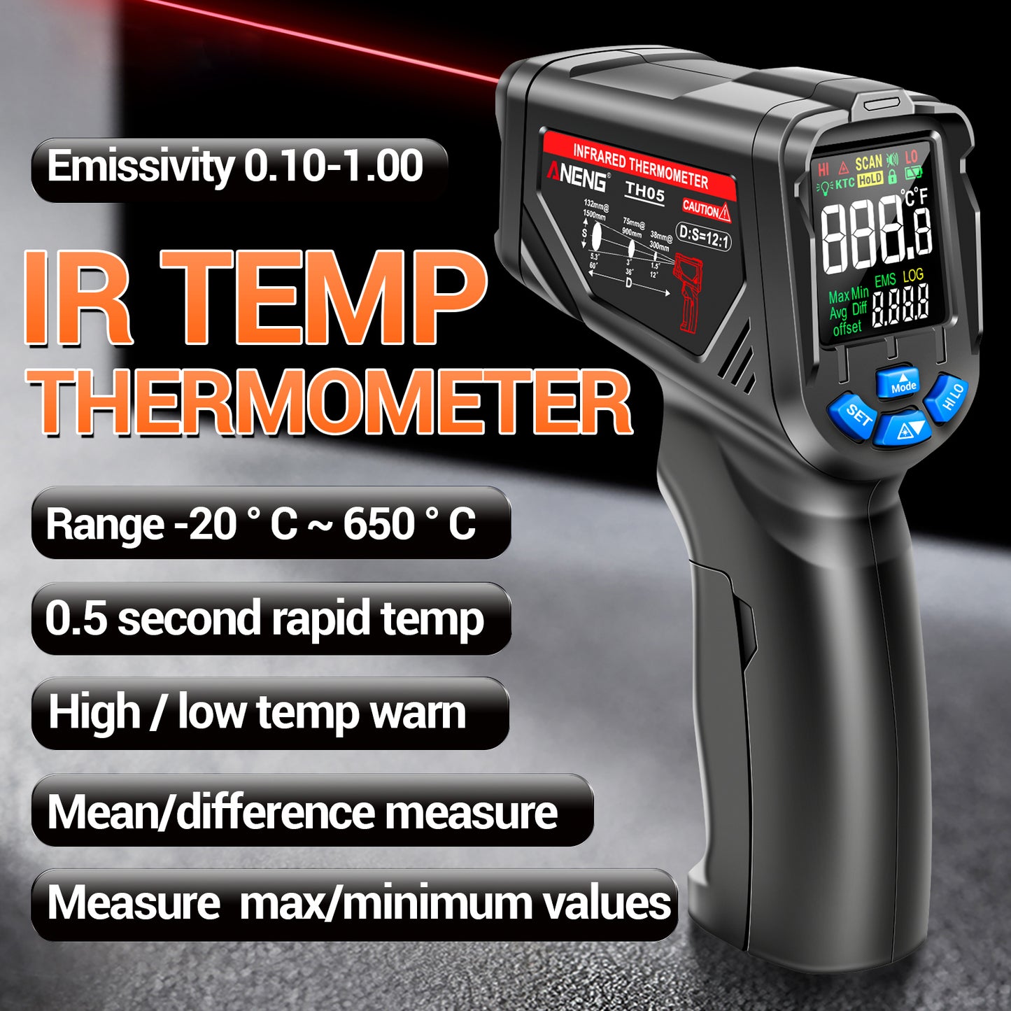 Aneng TH05 Portable Infrared Thermometers Handheld -20~650 Degree Temp Measurement with Digital Display - Black