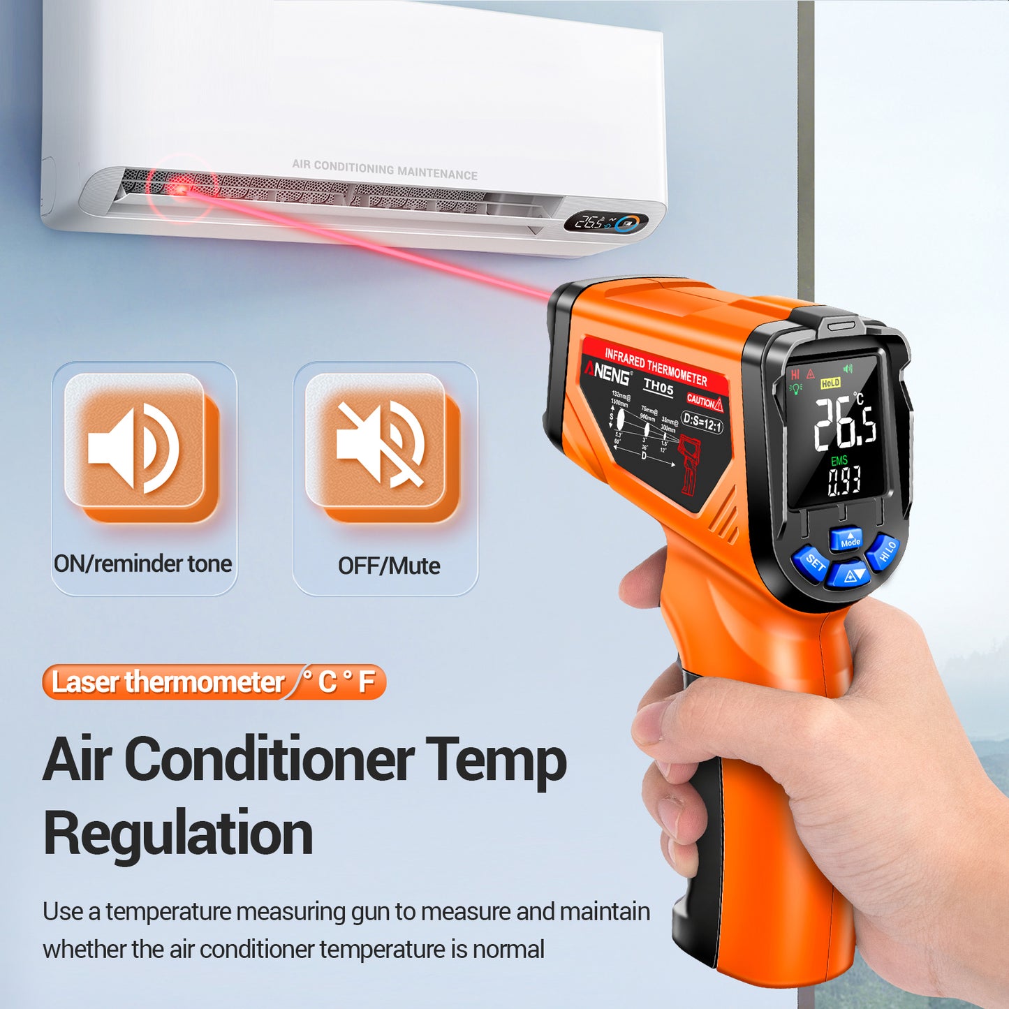 Aneng TH05 Portable Infrared Thermometers Handheld -20~650 Degree Temp Measurement with Digital Display - Orange