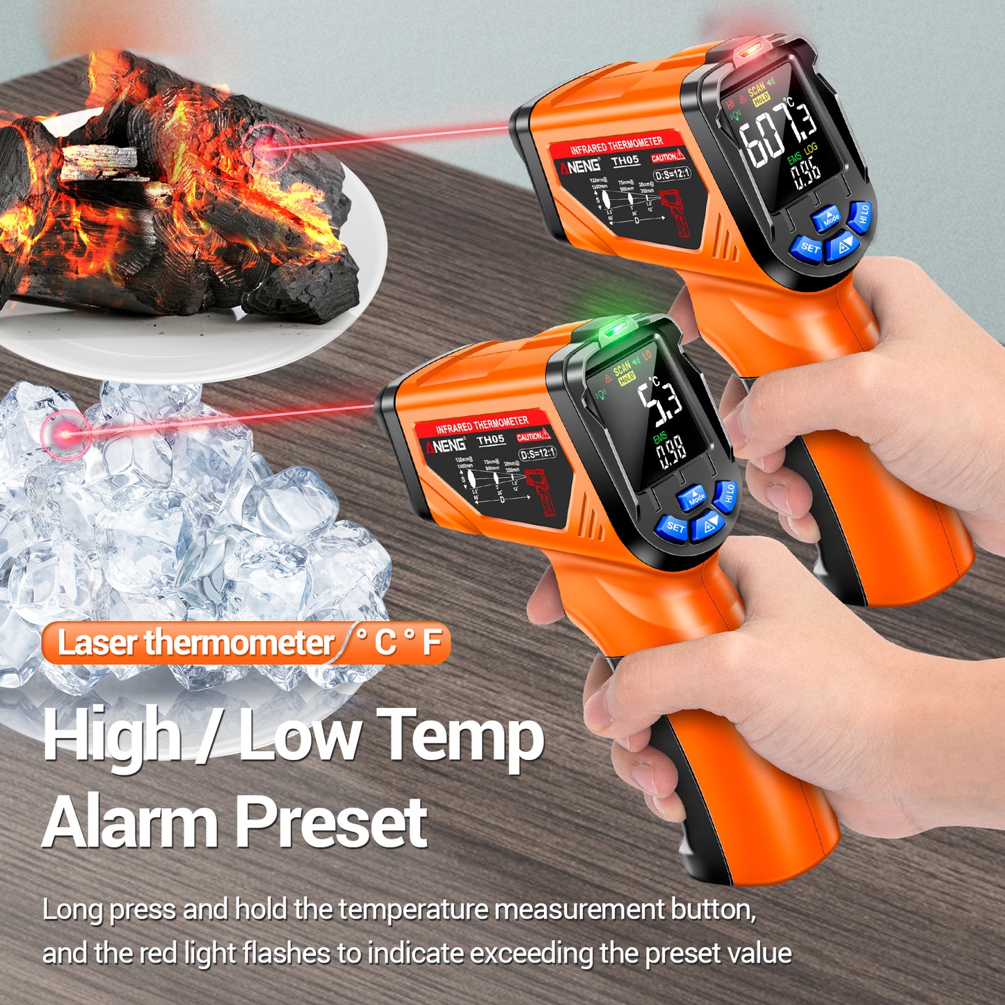 Aneng TH05 Portable Infrared Thermometers Handheld -20~650 Degree Temp Measurement with Digital Display - Orange