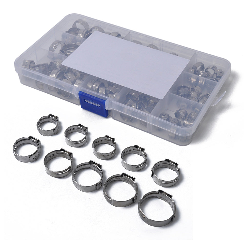 100PCS Hose Ring Clamps Adjustable Pipe Tube Clamps 304 Stainless Steel Hose Clips with Plastic Box