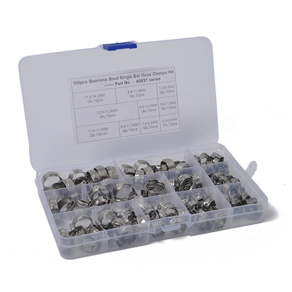 100PCS Hose Ring Clamps Adjustable Pipe Tube Clamps 304 Stainless Steel Hose Clips with Plastic Box