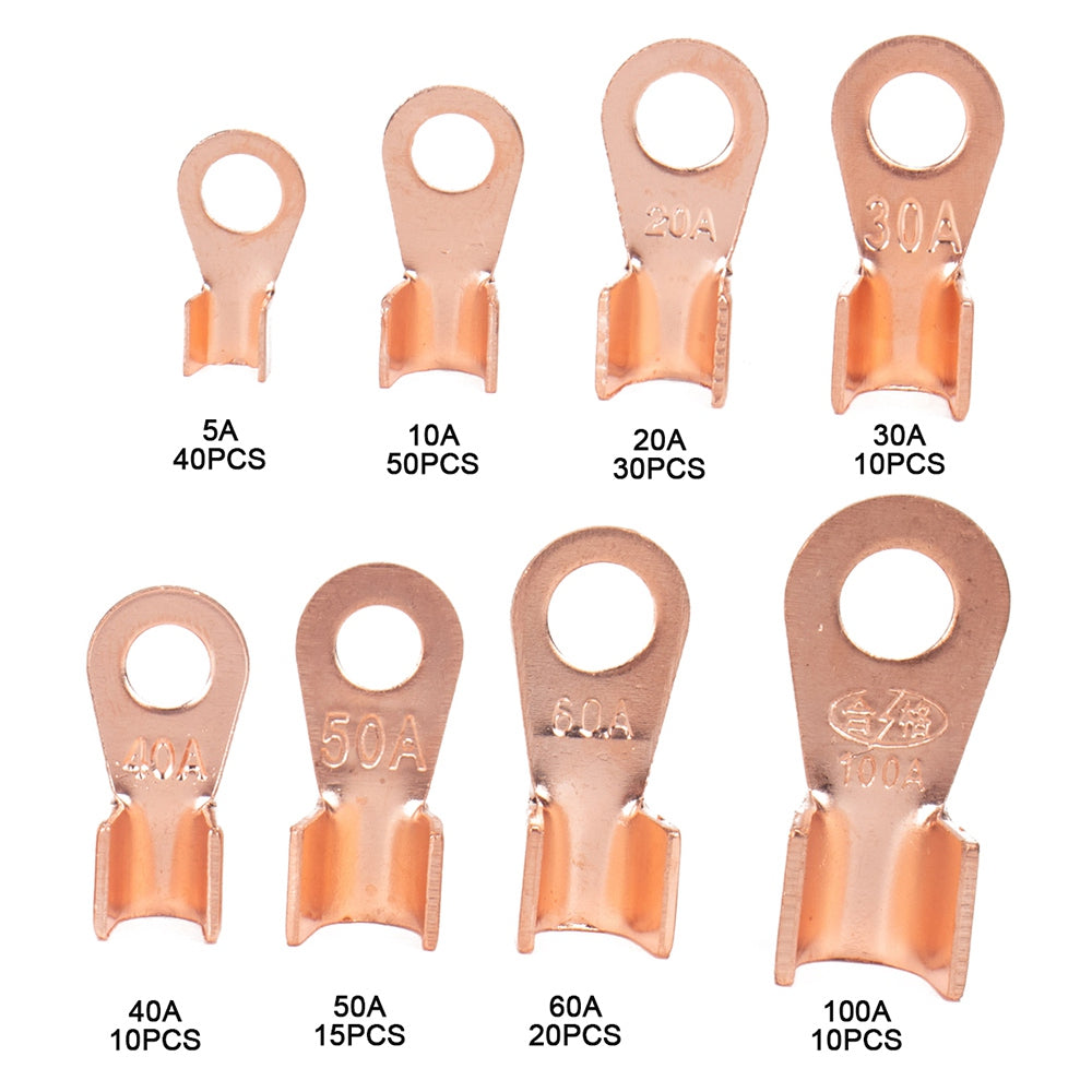 A2967 245Pcs / Set 5A / 10A / 20A / 30A / 40A / 50A / 60A / 100A Open Barrel Wire Crimp Lugs Copper Terminals Heat Shrink Tubing Assortment Kit with Storage Box