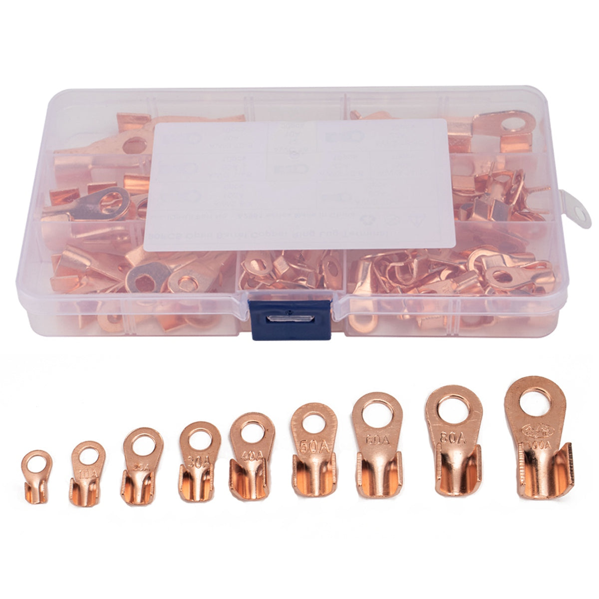 A2963 120Pcs 5A  /  10A  /  20A  /  30A  /  40A  /  50A  /  60A  /  80A  /  100A Open Barrel Terminals Set Wire Crimp Cable Lugs Copper Terminal Connectors with Storage Box