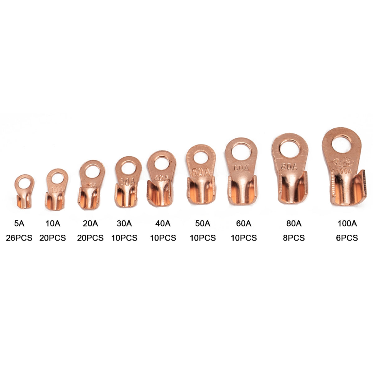 A2963 120Pcs 5A  /  10A  /  20A  /  30A  /  40A  /  50A  /  60A  /  80A  /  100A Open Barrel Terminals Set Wire Crimp Cable Lugs Copper Terminal Connectors with Storage Box
