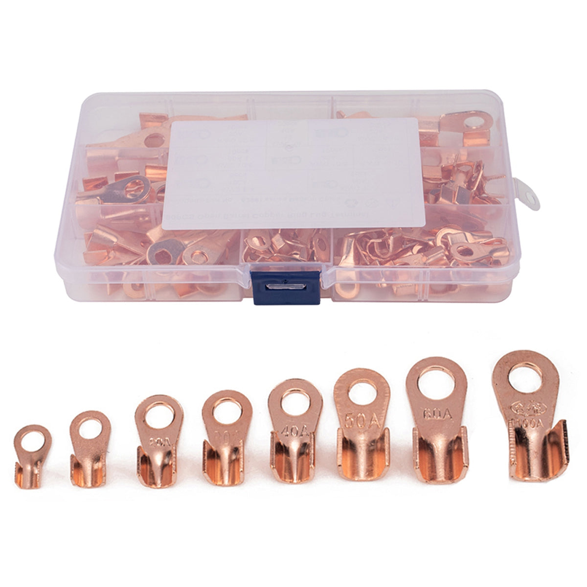 A2965 185Pcs Open Barrel Terminals Set 5A / 10A / 20A / 30A / 40A / 50A / 60A / 100A Wire Crimp Cable Lugs Copper Terminal Connectors with Storage Box