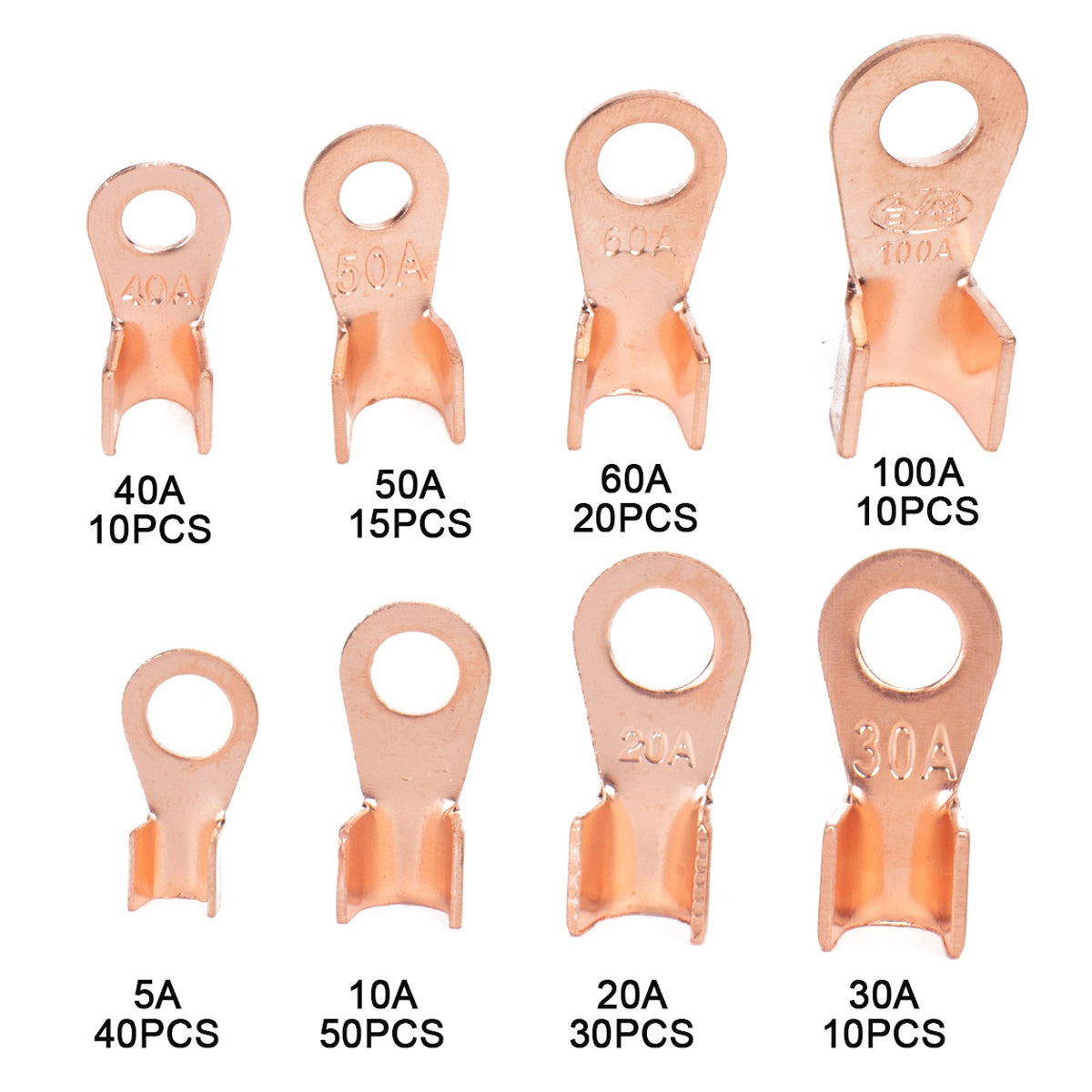 A2965 185Pcs Open Barrel Terminals Set 5A / 10A / 20A / 30A / 40A / 50A / 60A / 100A Wire Crimp Cable Lugs Copper Terminal Connectors with Storage Box