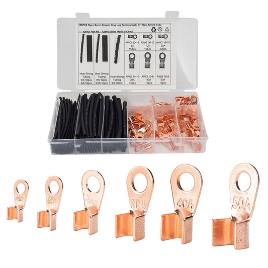 A2966 135Pcs / Set 5A / 10A / 20A / 30A / 40A / 50A Open Barrel Copper Terminals Wire Crimp Lugs Heat Shrink Tubing Assortment Kit with Storage Box