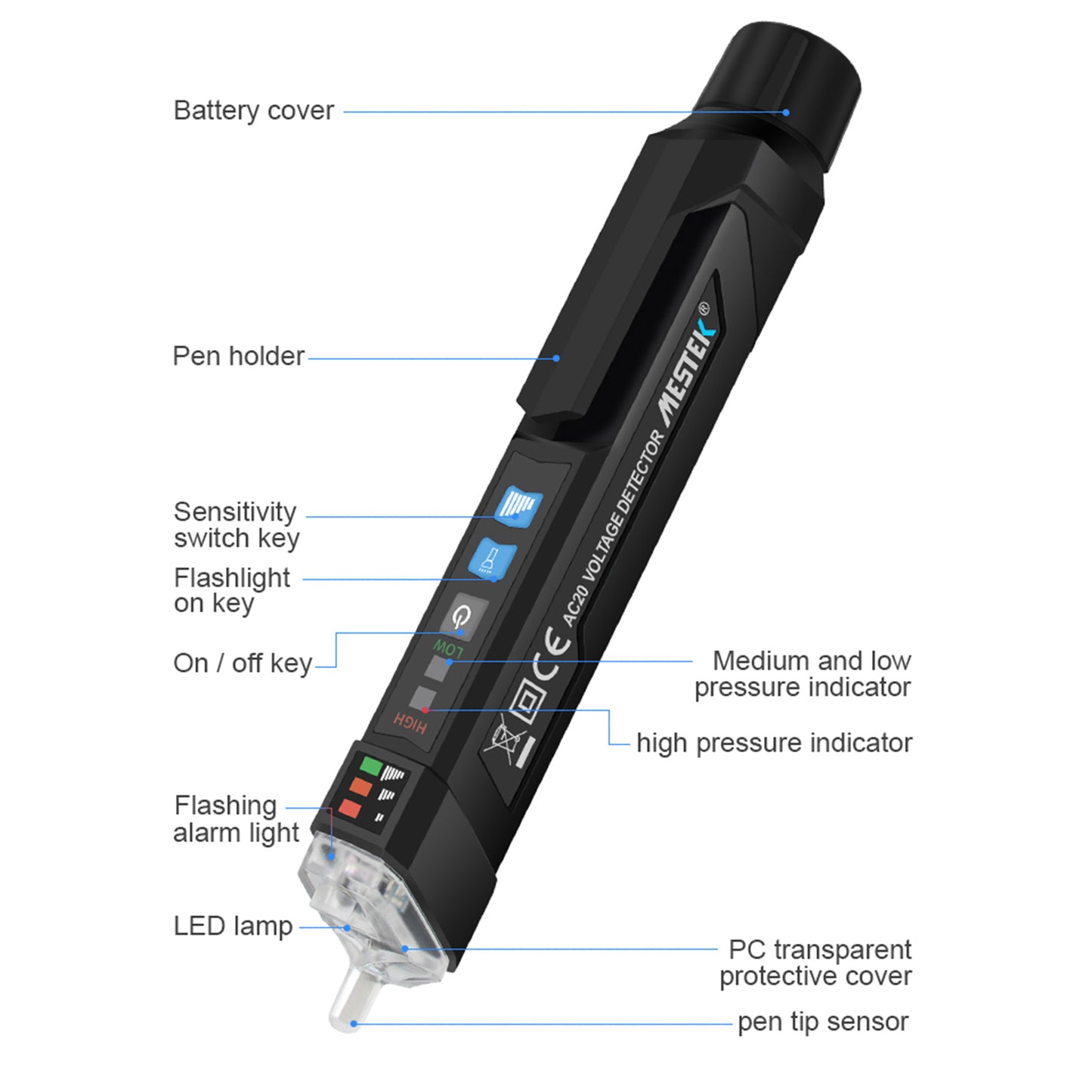 Uniqkart AC20 12-1000V Smart Non-Contact Electric Test Pencil AC Voltage Alarm Smart Detector Tester Pen