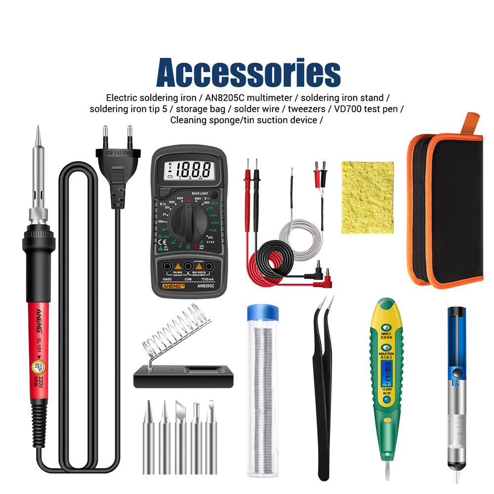 Aneng SL101 16Pcs Adjustable Temperature 60W Electric Soldering Iron Kit with Replaceable Welding Head Electronic Repair Set - EU Plug