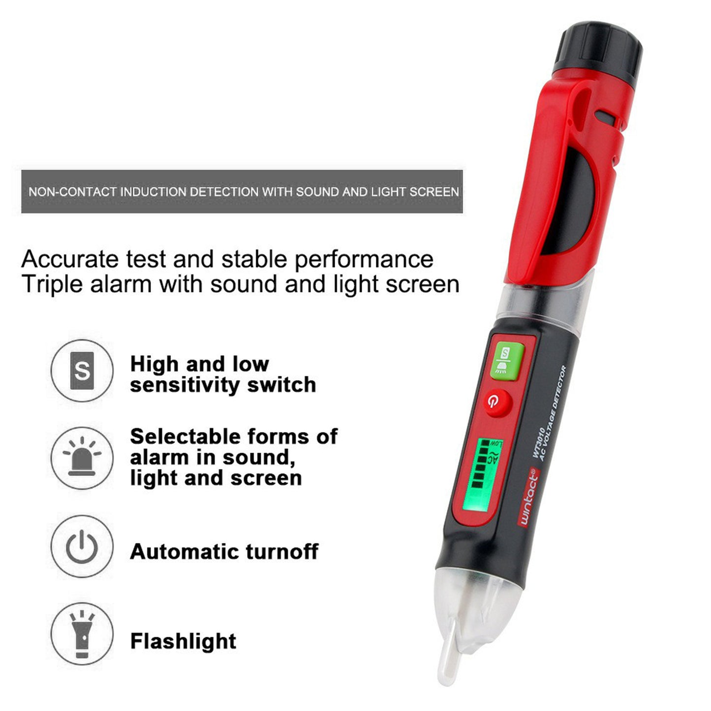 Uniqkart WT3010 AC Voltage Detector NCV Electric Tester Pen 12-1000V Handheld Breakpoint Finder with Flashlight/Alarm