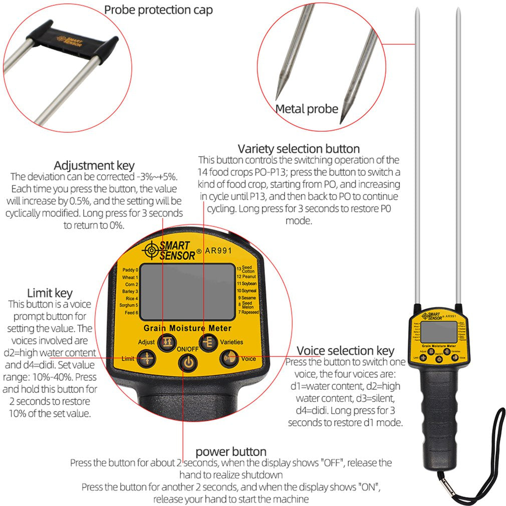 AR991 Digital Moisture Meter Cereal Moisture Meter Smart Sensor for Use In Corn Wheat Rice Grains Wheat Flour Seed (No FDA Certification)