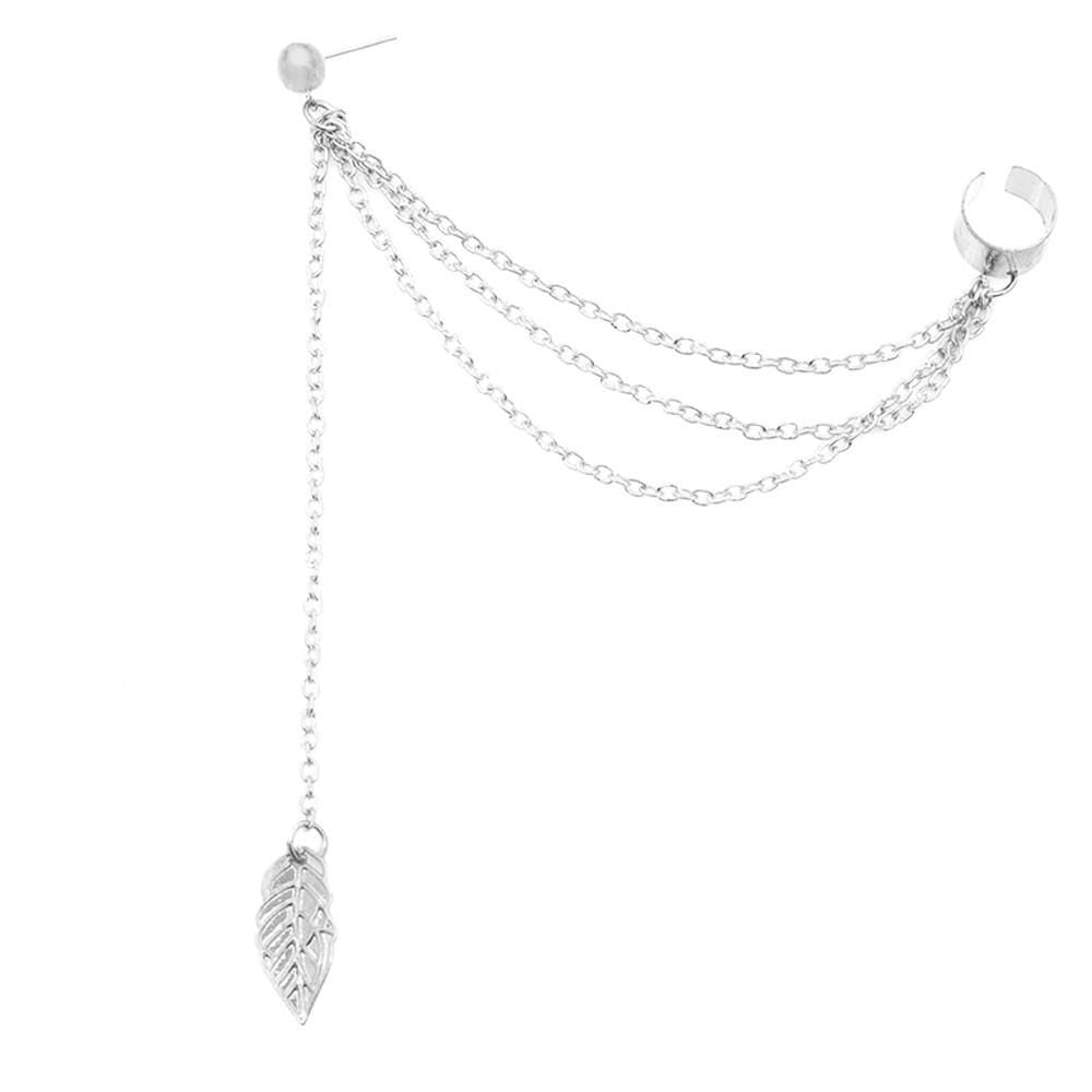 2 PCS Women  Leaf Chain Tassel Earrings, Metallic Gold And Silver Jewelry Earrings Ear Clip (Gold)