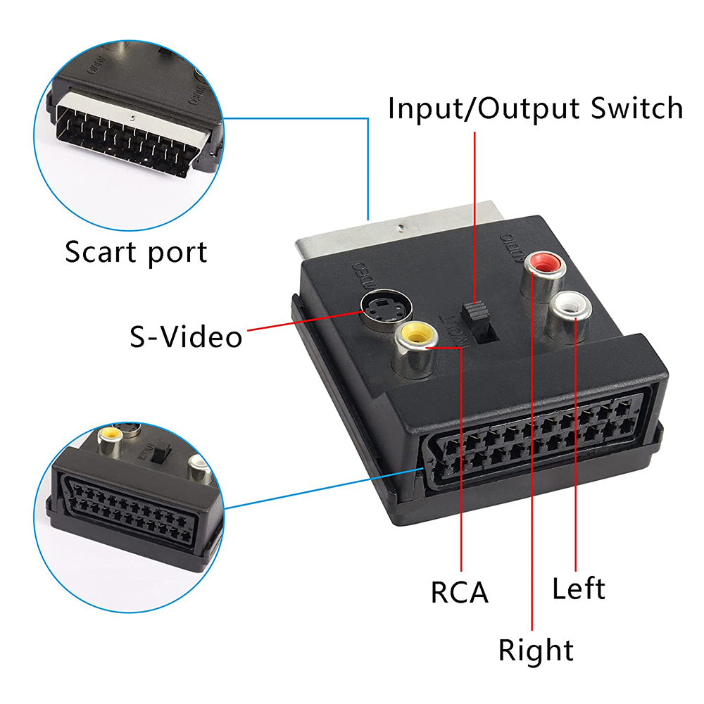 Uniqkart 21 Pin Scart Male to Female S-Video 3 RCA Adapter Switchable In Out Audio Converter