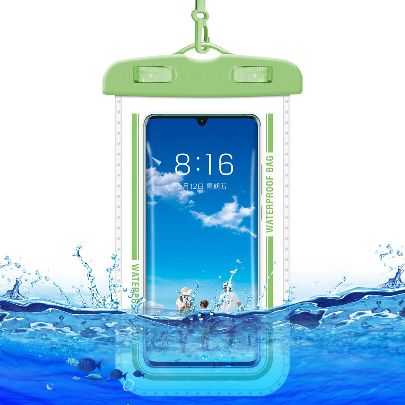 PVC Waterproof Bag with Lanyard for Under 7.2-inches Cell Phone Dry Bag for Pools, Beaches, Fishing - Green