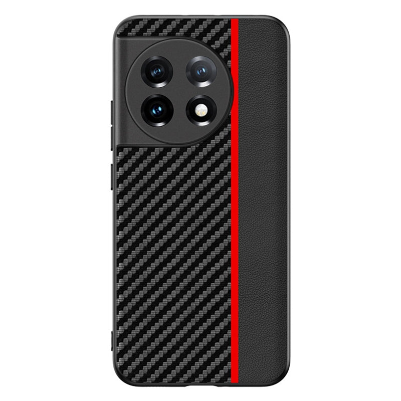 For OnePlus 11 5G PU Leather Coated TPU Case Ultra Slim Carbon Fiber Texture Anti-scratch Phone Cover - Carbon Fiber / Splicing Red